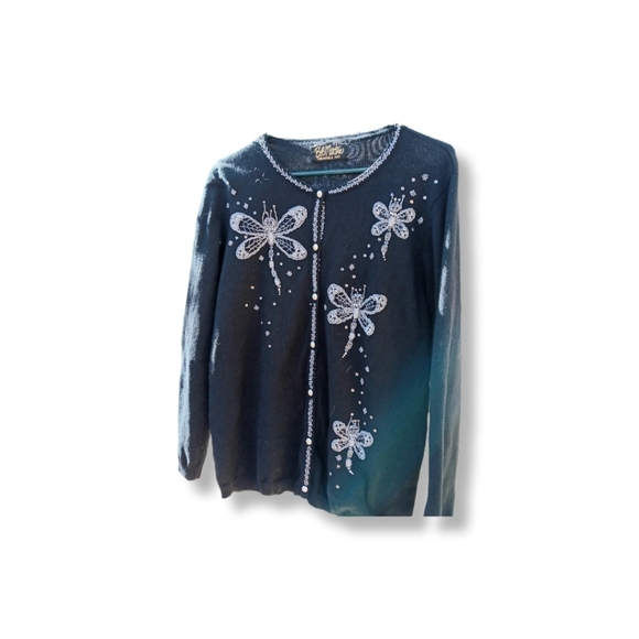 Bob Mackie Wearable Art Black Cardigan Sweater Dragonflies Size XL - Picture 2 of 3